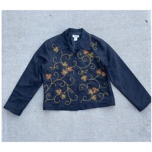 SLB Womens Navy Blue 100% Silk Embroidered Leaf Button Front Jacket Size 10